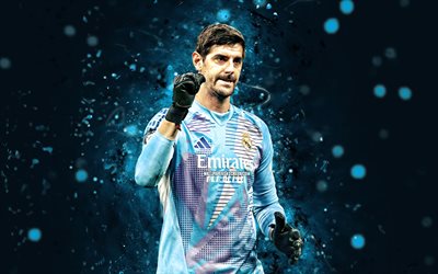 4k, Thibaut Courtois, blue neon lights, Real Madrid, La Liga, Belgian footballers, Thibaut Courtois 4K, football, soccer, Real Madrid CF, Thibaut Courtois Real Madrid, LaLiga, Real Madrid FC