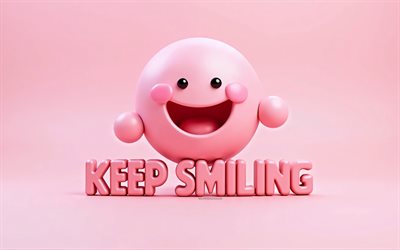 4k, lächle weiter, emotionen rosa 3d smiley, lächeln sie weiter, joy smiley, 3d  kunst