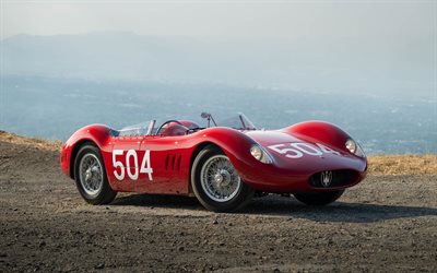 maserati 200si, 4k, voitures rétro, voitures 1957, supercars, maserati rouge 200si, 1957 maserati 200si, voitures italiennes, maserati