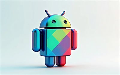 logotipo 3d colorido de android, fondo verde, 4k, logotipo de android, arte 3d creativo, emblema 3d de android, androide