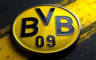 شعار بوروسيا دورتموند المعدني, 4k, شعار بي في بي, خلفية معدنية صفراء سوداء, شعار معدني لنادي bvb, الدوري الألماني, شعار بوروسيا دورتموند, ألمانيا, بوروسيا دورتموند, كرة القدم, بفب