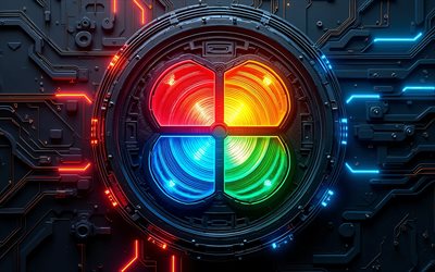 microsoft yaratıcı logosu, 4k, karanlık yüksek teknoloji arka planı, renkli neon ışıklar, iletkenler, yazılım markaları, microsoft soyut logosu, markalar, microsoft 3d logosu, sanat eseri, microsoft logosu, microsoft