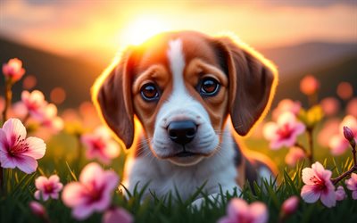 4k, बीगल पिल्ला, सूर्यास्त, वसंत, चेरी खिलना, कुत्ते, प्यारे जानवर, पिल्लों, पालतू जानवर, गुप्तचर, bokeh, वसंत के फूल, बीगल कुत्ता