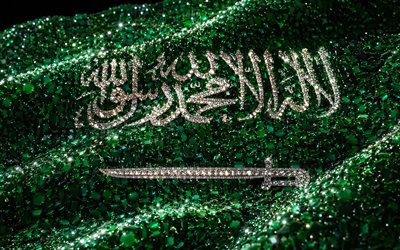 saudische flagge, 4k, edelsteine, flagge von saudi arabien, smaragde, glänzende steine, saudi arabien, kreative kunst, grüne edelsteine, grüne kristalle, flagge saudi arabiens