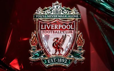 Liverpool FC crystal logo, 4k, red metal background, Liverpool FC, crystal art, Liverpool FC logo, Liverpool FC emblem, Liverpool FC sign, Premier League, Liverpool logo, Liverpool