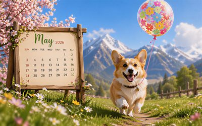 4k, 2026 maj kalender, walesiska corgi pembroke, färgglad ballong, gräsplätt, berg, maj 2026, vårens kalendrar, corgi, maj 2026 kalender, fjädra, maj kalendrar, 2026 kalendrar, maj
