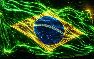 bandeira brilhante do brasil, 4k, escuridão, bandeira do brasil, dia do brasil, bokeh, arte 3d, bandeira brasileira, bandeira neon do brasil, ondas de néon bandeira do brasil, bandeira 3d do brasil, bandeira abstrata do brasil, brasil