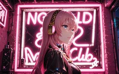 4k, ميجورين لوكا, أضواء النيون الوردي, الظلام, cv03, فوكالويد, النجمة الوردية, شعر وردي, فوكالويد 03, الفن التجريدي, سلسلة صوتية للشخصية, لوكا ميجورين, شخصيات فوكالويد, ميجورين لوكا فوكالويد