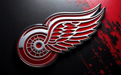 デトロイト・レッドウィングスのメタルロゴ, 4k, 赤黒の金属の背景, nhl, デトロイト・レッドウィングスのロゴ, デトロイト・レッドウィングスのエンブレム, アメリカ合衆国, デトロイト・レッドウィングス, ホッケー