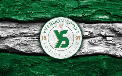 yverdon sport fc puinen logo, 4k, vihreä valkoinen puinen tausta, sveitsin superliiga, jalkapallo, yverdon sport fc  logo, yverdon sport fc  tunnus, yverdon sport fc, sveitsin jalkapalloseura, fc yverdon sport