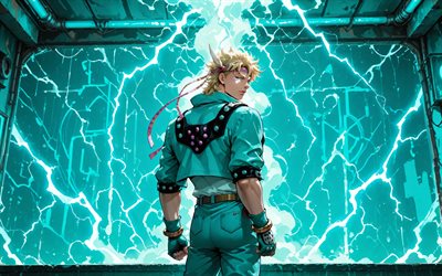 cäsar anthonio zeppeli, 4k, türkisfarbene beleuchtung, rückansicht, jojos bizarre, manga, türkisfarbener abstrakter hintergrund, shiza antonio tseperi, jojos bizarre charaktere, caesar anthonio zeppeli jojos bizarre