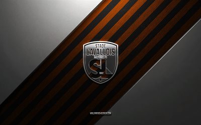 stade lavallois logo, 4k, stahlhintergrund, französischer fußballverein, orange schwarze linien, stade lavallois emblem, ligue 2, stade lavallois, frankreich, fußball, stade lavallois logo aus metall