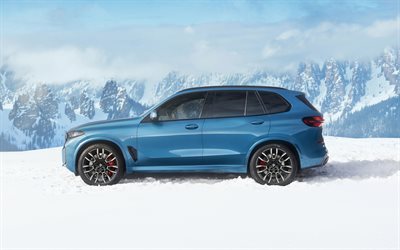 4k, BMW X5 xDrive30d M Sport Legacy Edition, side view, 2026 cars, SUVs, winter, G05, snowdrift, Blue BMW X5, mountains, BMW X5, exterior, 2026 BMW X5, offroad, BMW X5 G05, german cars, BMW