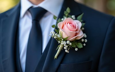boutonniere with a pink rose, 4K, wedding floral decorations, groom with boutonniere, pink rose, wedding concepts, groom, boutonniere