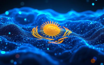 علم كازاخستان متوهج, 4k, الظلام, علم كازاخستان, يوم كازاخستان, خوخه, فن ثلاثي الأبعاد, العلم الكازاخستاني, علم كازاخستان النيون, موجات النيون علم كازاخستان, علم كازاخستان ثلاثي الأبعاد, علم كازاخستان مجردة, كازاخستان