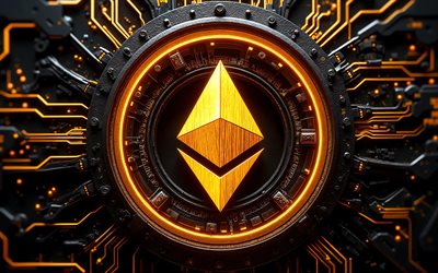 ethereum 3d logosu, 4k, bokeh, karanlık yüksek teknoloji arka planı, altın neon ışıkları, iletkenler, mikrodevre, kripto para birimleri, markalar, ethereum altın logosu, blok zinciri, ethereum logosu, ethereum