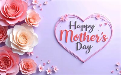 hyvää äitienpäivää, 4k, onnittelukortti, violetti tausta, kalligrafinen sydän, hyvää äitienpäivää käsitteet, vaaleanpunaiset ruusut, kalligrafiset kirjaimet, hyvää äitienpäivää kirjoitus