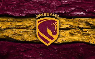 holzlogo der brisbane broncos, 4k, lila gelber holzhintergrund, nrl, rugby, brisbane broncos logo, brisbane broncos emblem, australisches rugby team, brisbane broncos