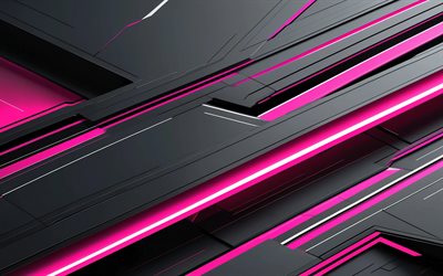 4k, ピンクの黒の背景, マテリアルデザイン, ピンクの線, 3d テクスチャ, アートワーク, メタルアート, 幾何学, 抽象的な背景, 幾何学的な背景, 抽象化, 黒の抽象的な背景