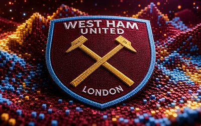 logo in tessuto del west ham united, 4k, sfondo 3d blu viola, premier league, calcio, logo del west ham united, stemma del west ham united, west ham united, squadra di calcio inglese, west ham united fc