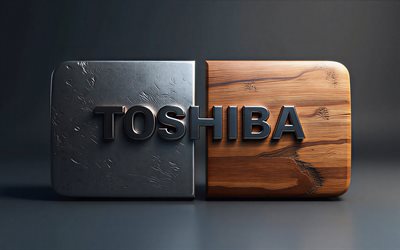 तोशिबा लकड़ी धातु लोगो, 4k, अतिसूक्ष्मवाद, गहरे रंग की पृष्ठभूमि, रचनात्मक, तोशिबा दो सामग्री लोगो, तोशिबा