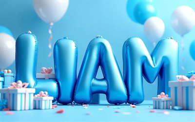 4k, liam, letras de globos azules, nombre de liam, creativo, cumpleaños de liam, nombres masculinos americanos populares, fondo azul, feliz cumpleaños liam, foto con el nombre de liam