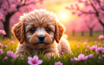 4k, لعبة كلب البودل, غروب, ربيع, إزهار الكرز, كلاب, حيوانات لطيفة, الجراء, حيوانات أليفة, لعبة القلطي, خوخه, زهور الربيع, لعبة كلب بودل