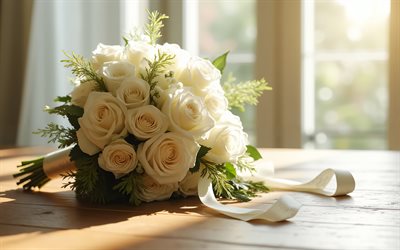 gelin buketi, 4k, beyaz güllerden oluşan düğün buketi, beyaz güllerden oluşan gelin buketi, beyaz düğün buketi, beyaz güller, düğün konseptleri, gül buketi, düğün, güller