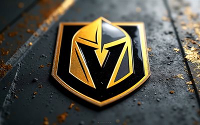 Vegas Golden Knights metal logo, 4k, gray metal background, NHL, Vegas Golden Knights logo, Vegas Golden Knights emblem, USA, Vegas Golden Knights, hockey
