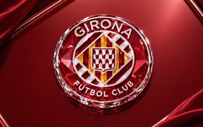 girona fc glaslogotyp, röd metall bakgrund, girona fc emblem, girona fc logotyp, girona fc tecken, la liga, spanien, fotboll, girona fc, gironas logotyp, girona