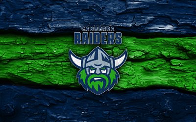 holzlogo der canberra raiders, 4k, blaugrüner holzhintergrund, nrl, rugby, canberra raiders logo, canberra raiders emblem, australisches rugby team, canberra raiders