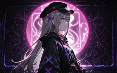 真城ねね子, 4k, ピンクのネオンサークル, バーチャルyoutuber, 暗闇, アートワーク, vtuber, 青い目の女の子, 真城ねね子 stellive, マンガ, ステルライブチャンネル, ステルライブ バーチャルyoutuber