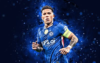 4k, Enzo Fernandez, creative, Chelsea FC, blue neon lights, Premier League, Argentine footballers, Enzo Fernandez 4K, blue abstract background, football, soccer, Enzo Fernandez Chelsea