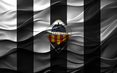 4k, logo cd castellón, fond 3d noir et blanc, emblème cd castellón, division seconde, equipe espagnole de football, drapeau cd castellón, textures 3d, cd castellón, football, espagne