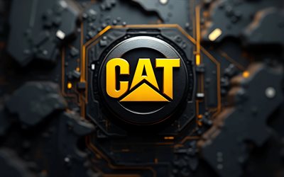 캐터필라 3d 로고, 4k, 보케, 어두운 3d 배경, 건설 장비, 창의적인, 브랜드, 캐터필라 로고, 삽화, 무한 궤도