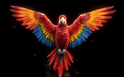 الببغاء الأحمر بأجنحة ممدودة, 4k, الببغاء القرمزي, الببغاوات الحمراء, الأحجار الكريمة الحمراء, الببغاء, خلفية سوداء, الببغاء الأحمر والأصفر, طيور جميلة, الببغاء الأحمر