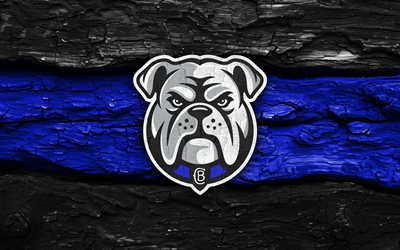 holzlogo der canterbury bankstown bulldogs, 4k, schwarz blauer holzhintergrund, nrl, rugby, logo der canterbury bankstown bulldogs, canterbury bankstown bulldogs emblem, australisches rugby team, canterbury bankstown bulldogs