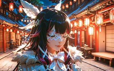4k, colombina, strada, lanterna giapponese, impatto genshin, notte, manga, personaggi dell'anime, columbina hyposelenia, personaggi di genshin impact, columbina genshin impatto