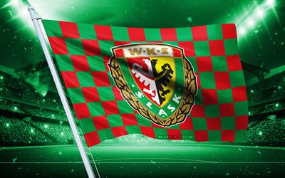 4k, logo slask di breslavia, società calcistica polacca, bandiera dello stadio, bandiera dei tifosi di slask wroclaw, bandiera verde rossa, emblema di slask wroclaw, ekstraklasa, polonia, calcio, slask breslavia, slask breslavia fc