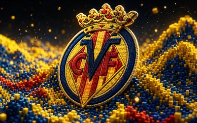 villarreal cf kumaş logosu, 4k, mavi sarı 3d arka plan, la liga, futbol, villareal cf logosu, villarreal cf amblemi, yaratıcı, villareal fc, ispanyol futbol kulübü, villareal cf