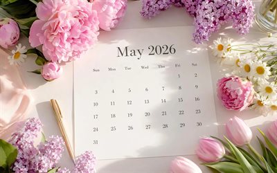 4k, 2026 maj kalender, vitt papper, färgglada blommor, maj 2026, vårens kalendrar, vårblommor, maj 2026 kalender, fjädra, maj kalendrar, 2026 kalendrar, maj