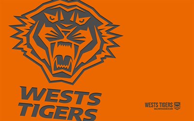 wests tigers logo, 4k, orangefarbener hintergrund, carbon kunst, nrl, wests tigers emblem, australisches rugby team, australien, wests tigers, rugby