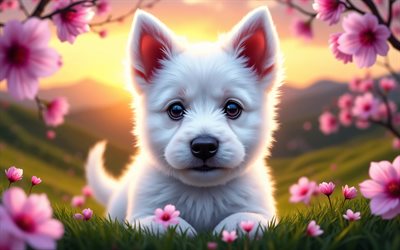 4k, वेस्ट हाईलैंड व्हाइट टेरियर पिल्ला, सूर्यास्त, वसंत, चेरी खिलना, कुत्ते, प्यारे जानवर, पिल्लों, पालतू जानवर, वेस्ट हाईलैंड व्हाइट टेरियर, bokeh, वसंत के फूल, वेस्ट हाईलैंड व्हाइट टेरियर कुत्ता