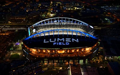 लुमेन फील्ड, 4k, रात का दृश्य, हवाई दृश्य, 2026 फीफा विश्व कप स्टेडियम, सिएटल सीहॉक्स स्टेडियम, सिएटल, वाशिंगटन, रात में लुमेन फील्ड, यूएसए, सीहॉक्स स्टेडियम, सियाटेल सीहाव्क्स