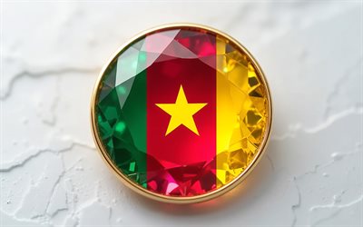 kamerun bayrağı, 4k, değerli bir taşın içinde kamerun bayrağı, beyaz arka plan, değerli taş, beyaz kristal arka plan, kamerun