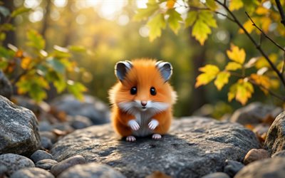 sevimli küçük zencefil hamster, 4k, sevimli hayvanlar, küçük hamster, kabarık hamster, akşam, gün batımı