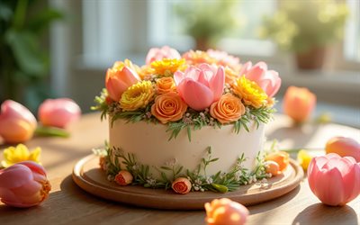 vårtårta dekorerad med blommor, 4k, vårkaka idéer, sötsaker, bakning, kakor, vårkaka, blommor på toppen av tårtan