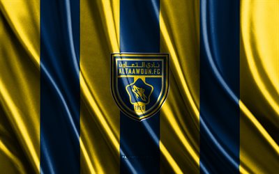 4k, al taawoun fc logo, saudische pro  liga, gelbe blaue seidenstruktur, al taawoun fc flagge, saudischer fußballverein, fußball, seidenflagge, al taawoun fc emblem, saudi arabien, al taawoun fc abzeichen, al taawoun fc