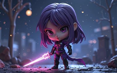 psylocke, 4k, super héros, art de chibi, comics marvel, psylocke chibi, nuit, art 3d, psylocke 3d, fan art, psylocke 4k