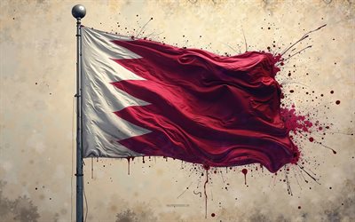 Qatar flag, 4k, grunge background, Qatar flag on the flagpole, Qatar paint splashes flag, Qatar, grunge art, flag of Qatar
